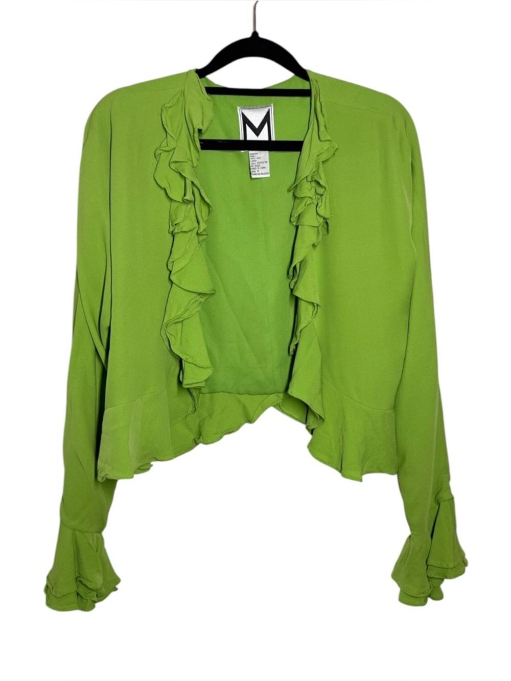Vintage Marc Bouwer Bright Green Silk Ruffle Long Sleeve Open Top - Medium
